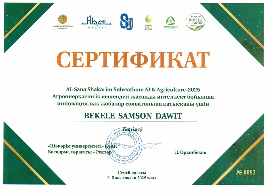 Certificate for AI-Sana Shakarim Solveathon: AI and agriculture.