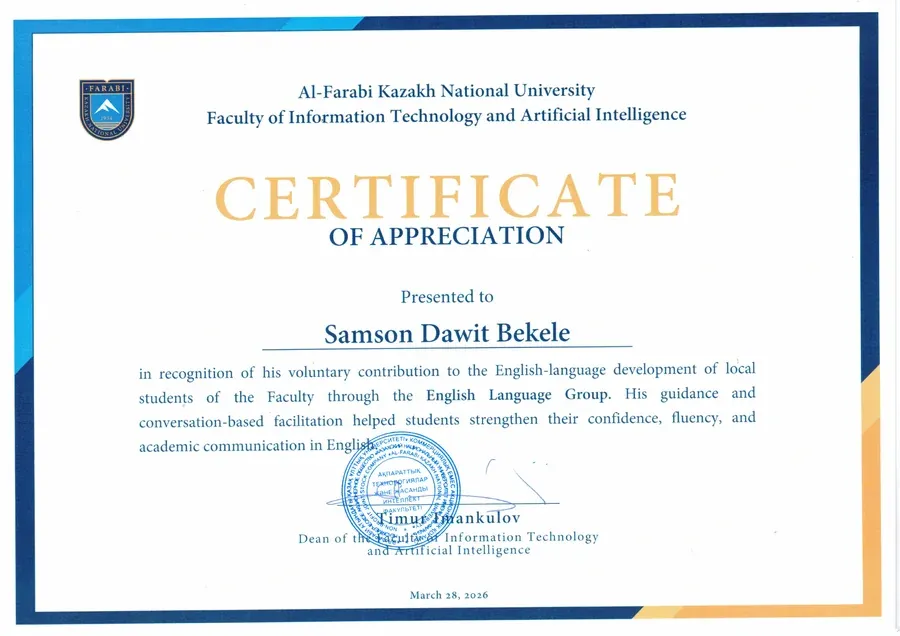 Certificate for English-language volunteering.
