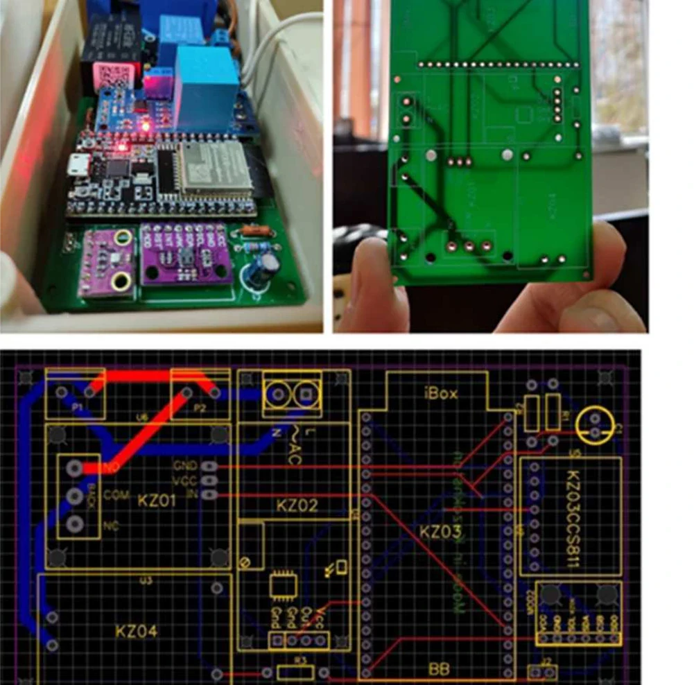 Figure 4: photographs of the HVAC control and data-acquisition module, its circuit-board underside, and the circuit-board layout. The module contains the electronics used to connect sensors and control signals.