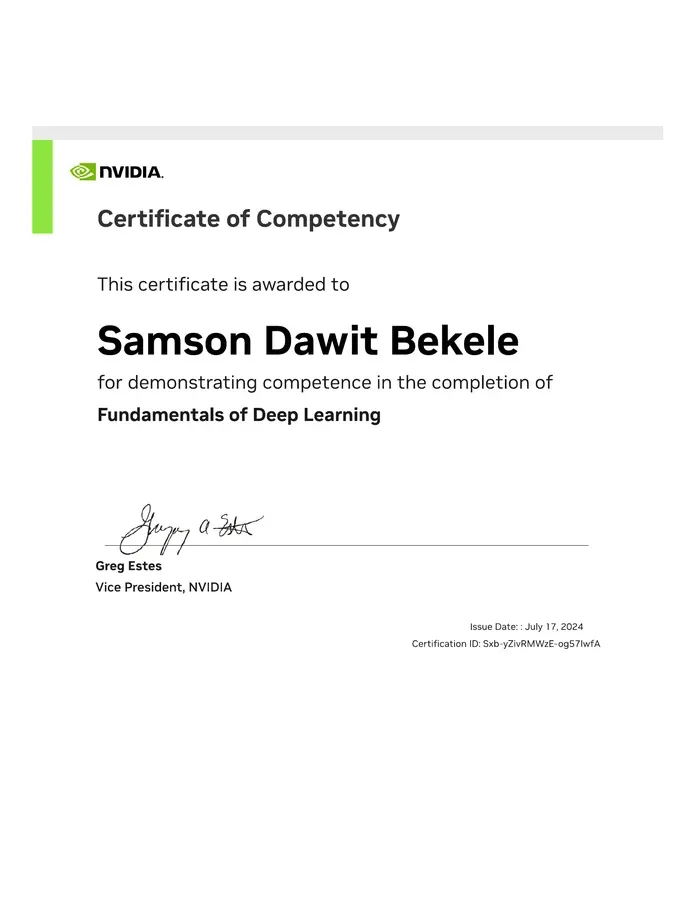 Certificate for Fundamentals of Deep Learning.