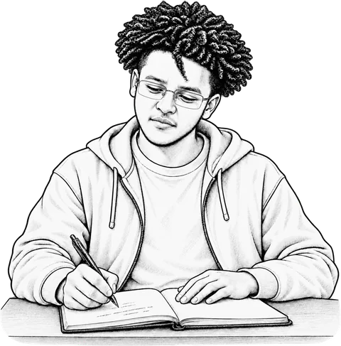 Ink sketch of Samson writing in a notebook.